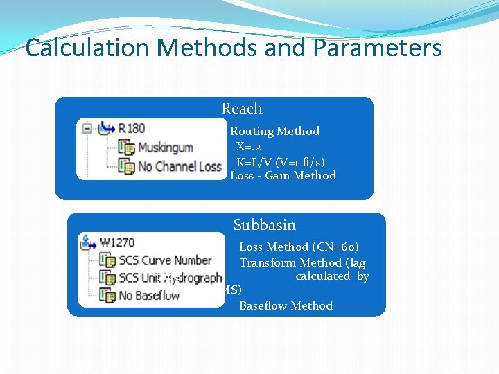 Calculation Methods and Parameters Reach • • • Routing Method X=. 2 K=L/V (V=1