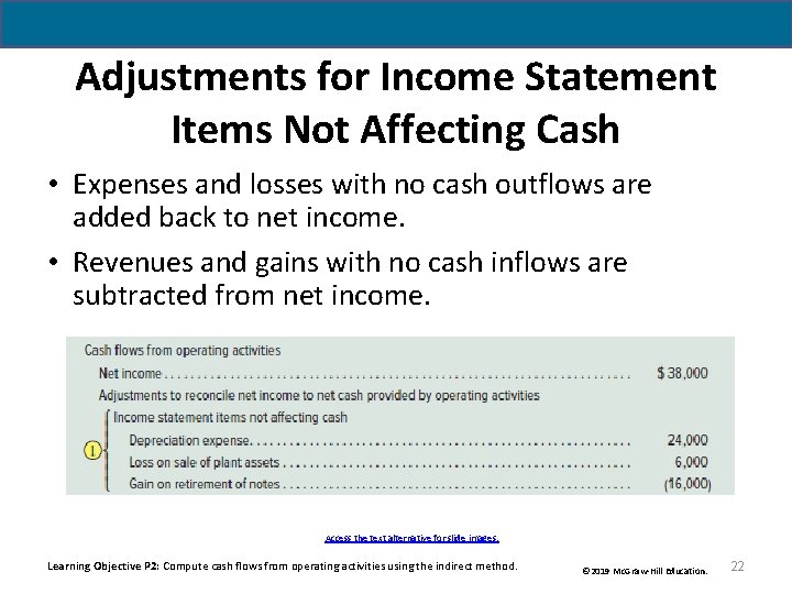 Adjustments for Income Statement Items Not Affecting Cash • Expenses and losses with no Adjustments for Income Statement Items Not Affecting Cash • Expenses and losses with no