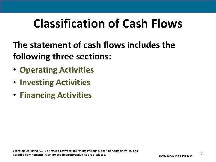 Classification of Cash Flows The statement of cash flows includes the following three sections: Classification of Cash Flows The statement of cash flows includes the following three sections:
