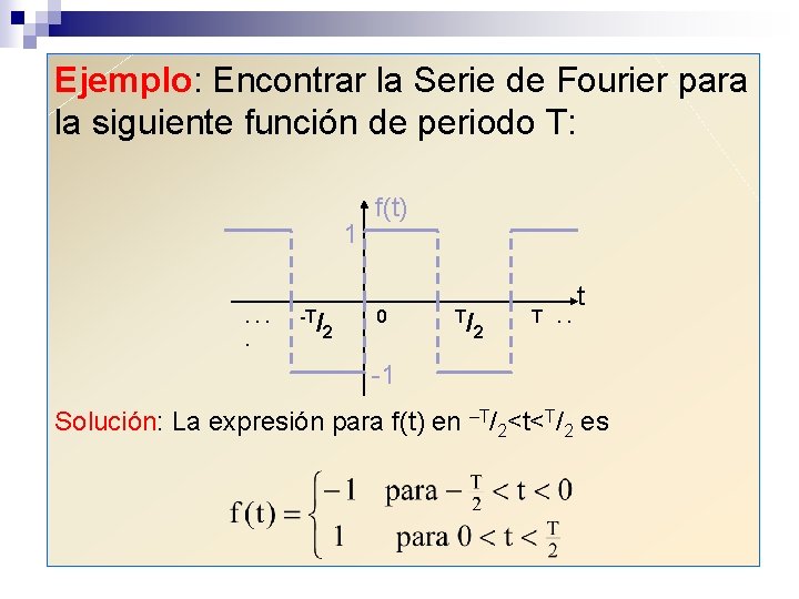 Ejemplo: Encontrar la Serie de Fourier para la siguiente función de periodo T: 1. Ejemplo: Encontrar la Serie de Fourier para la siguiente función de periodo T: 1.