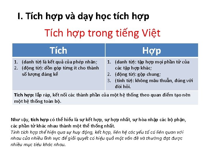 I. Tích hợp và dạy học tích hợp Tích hợp trong tiếng Việt Tích