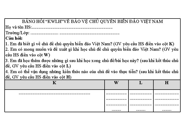 BẢNG HỎI “KWLH”VỀ BẢO VỆ CHỦ QUYỀN BIỂN ĐẢO VIỆT NAM Họ và tên