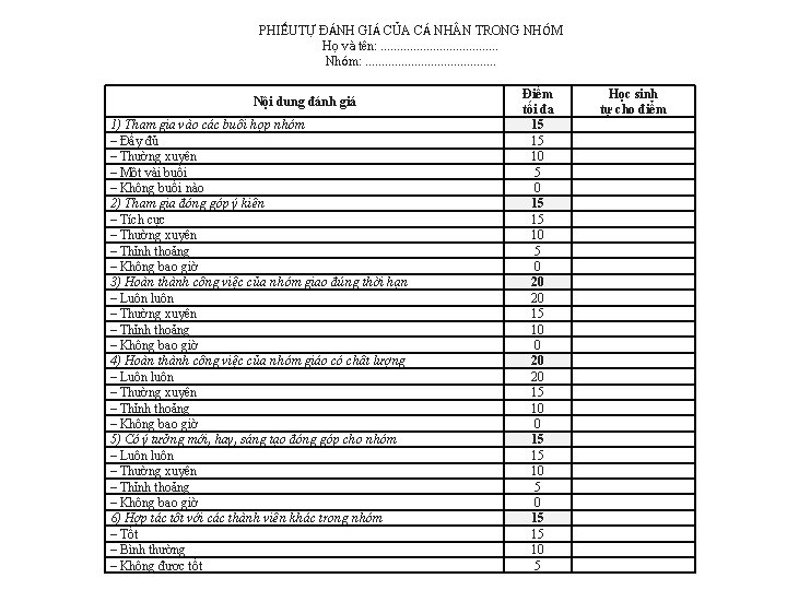 PHIẾUTỰ ĐÁNH GIÁ CỦA CÁ NH N TRONG NHÓM Họ và tên: . .