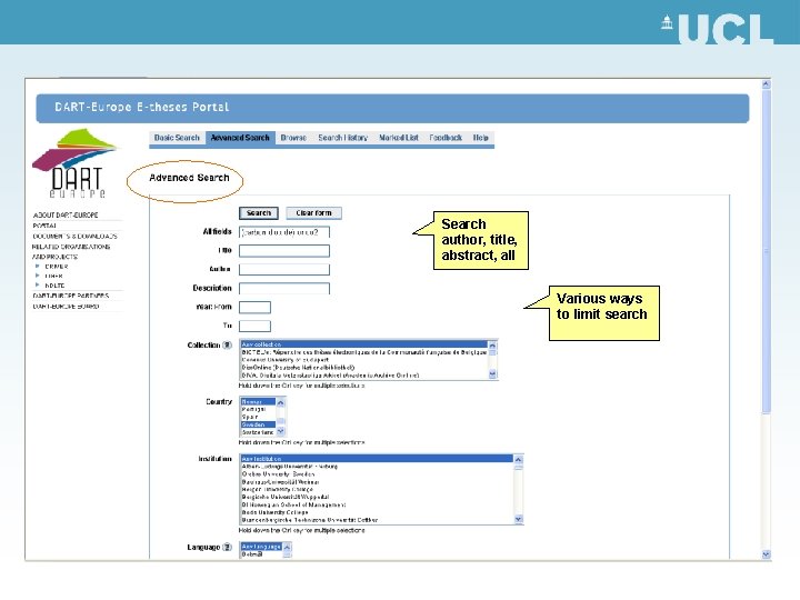 Search author, title, abstract, all Various ways to limit search 