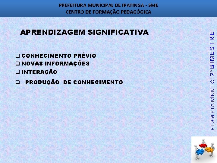 APRENDIZAGEM SIGNIFICATIVA q CONHECIMENTO PRÉVIO q NOVAS INFORMAÇÕES q INTERAÇÃO q PRODUÇÃO DE CONHECIMENTO