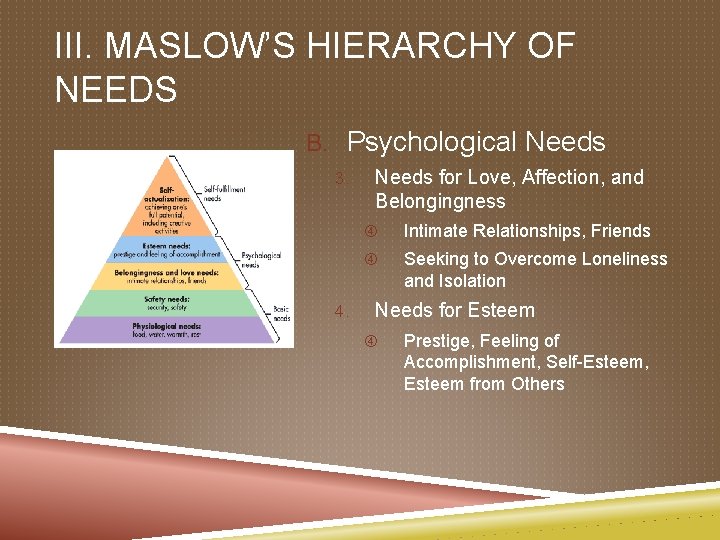 III. MASLOW’S HIERARCHY OF NEEDS B. Psychological Needs 3. 4. Needs for Love, Affection,