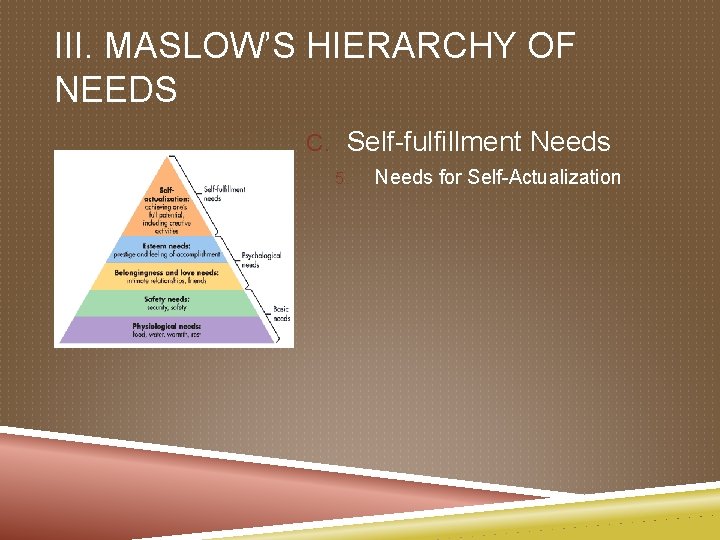 III. MASLOW’S HIERARCHY OF NEEDS C. Self-fulfillment Needs 5. Needs for Self-Actualization 