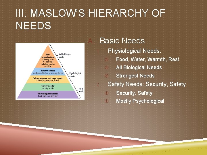 III. MASLOW’S HIERARCHY OF NEEDS A. Basic Needs 1. 2. Physiological Needs: Food, Water,