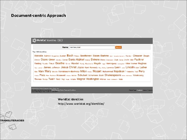 Document-centric Approach World. Cat Identities http: //www. worldcat. org/identities/ Document-centric Approach World. Cat Identities http: //www. worldcat. org/identities/