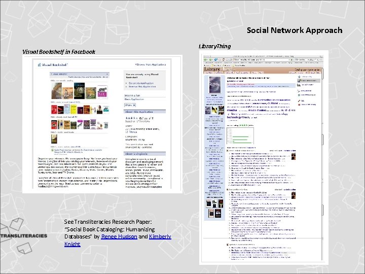 Social Network Approach Visual Bookshelf in Facebook See Transliteracies Research Paper: “Social Book Cataloging: Social Network Approach Visual Bookshelf in Facebook See Transliteracies Research Paper: “Social Book Cataloging: