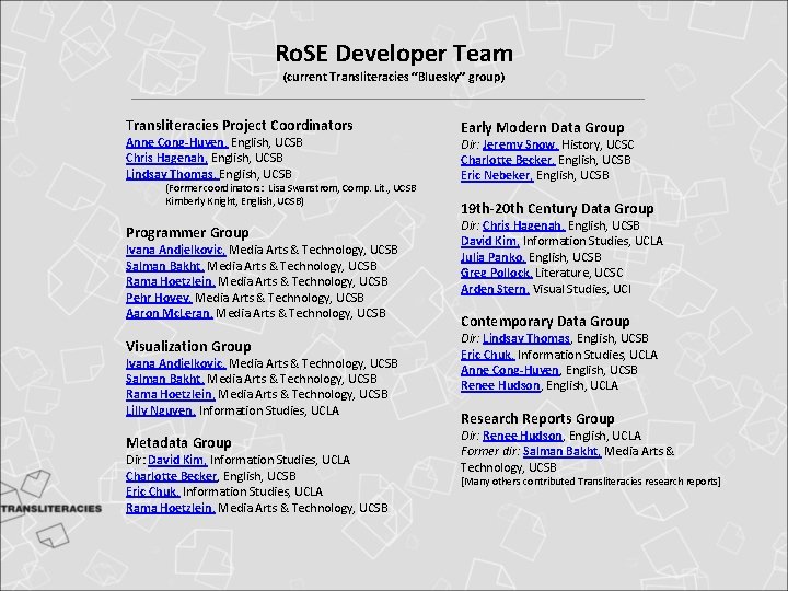 Ro. SE Developer Team (current Transliteracies “Bluesky” group) Transliteracies Project Coordinators Anne Cong-Huyen, English, Ro. SE Developer Team (current Transliteracies “Bluesky” group) Transliteracies Project Coordinators Anne Cong-Huyen, English,