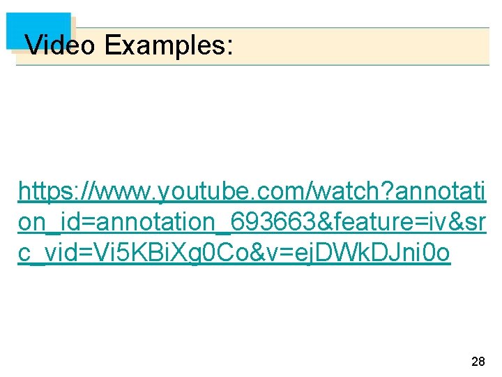Video Examples: https: //www. youtube. com/watch? annotati on_id=annotation_693663&feature=iv&sr c_vid=Vi 5 KBi. Xg 0 Co&v=ej.