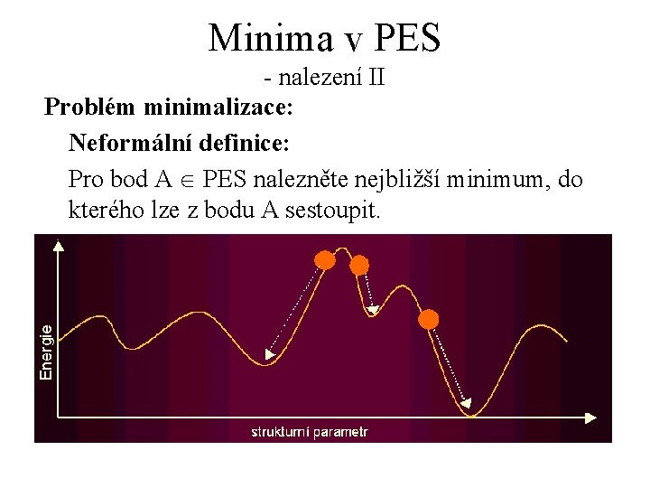 Minima v PES - nalezení II Problém minimalizace: Neformální definice: Pro bod A Î