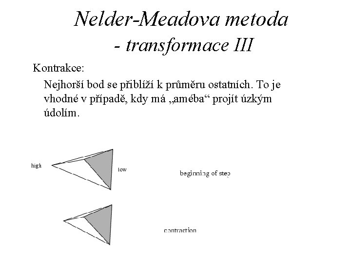 Nelder-Meadova metoda - transformace III Kontrakce: Nejhorší bod se přiblíží k průměru ostatních. To