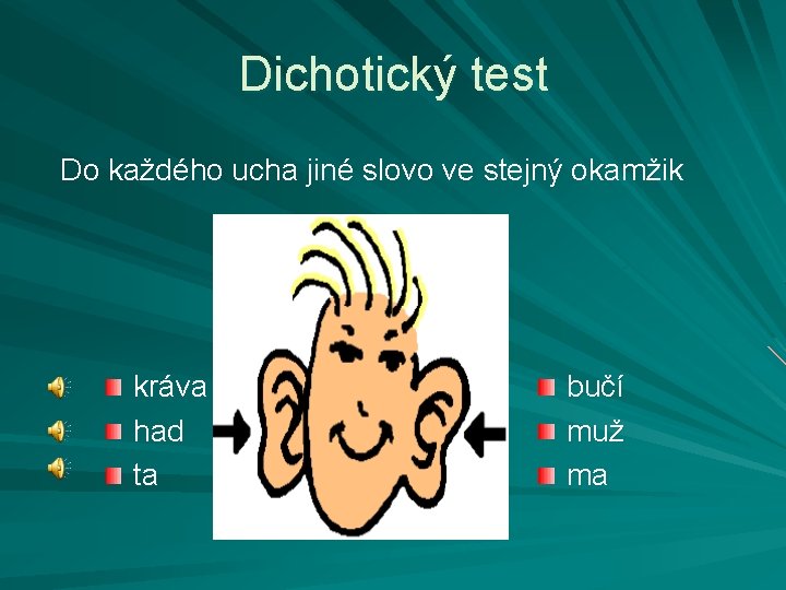 Dichotický test Do každého ucha jiné slovo ve stejný okamžik kráva had ta bučí