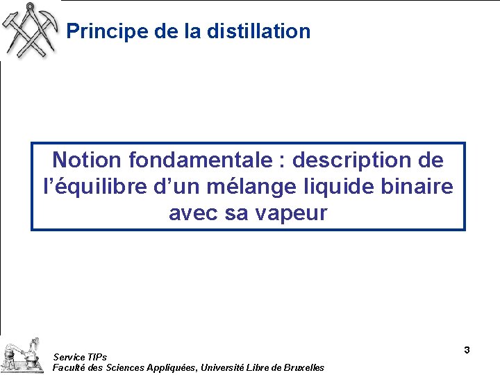 Principe de la distillation Notion fondamentale : description de l’équilibre d’un mélange liquide binaire