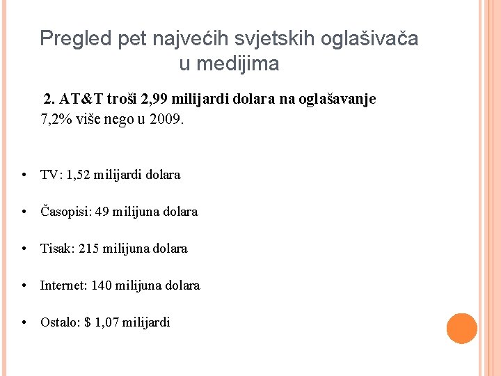 Pregled pet najvećih svjetskih oglašivača u medijima 2. AT&T troši 2, 99 milijardi dolara