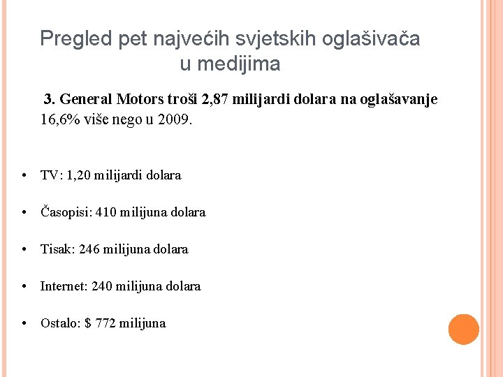 Pregled pet najvećih svjetskih oglašivača u medijima 3. General Motors troši 2, 87 milijardi