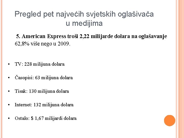 Pregled pet najvećih svjetskih oglašivača u medijima 5. American Express troši 2, 22 milijarde