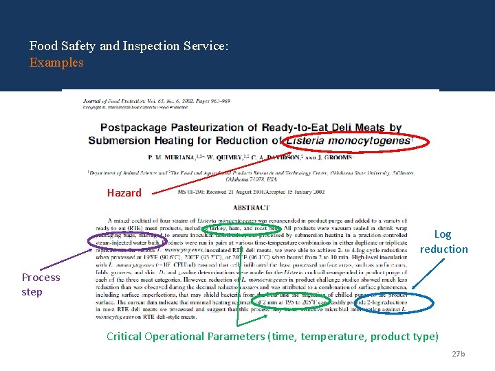 Food Safety and Inspection Service: Examples Hazard Log reduction Process step Critical Operational Parameters Food Safety and Inspection Service: Examples Hazard Log reduction Process step Critical Operational Parameters