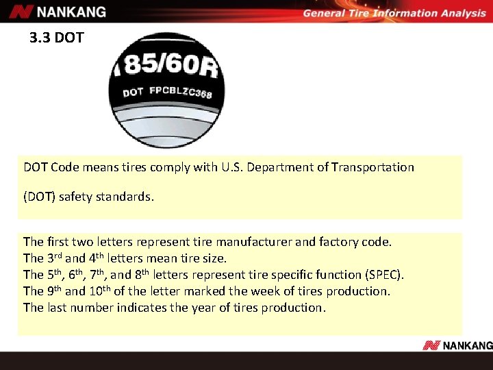 3. 3 DOT Code means tires comply with U. S. Department of Transportation (DOT) 3. 3 DOT Code means tires comply with U. S. Department of Transportation (DOT)