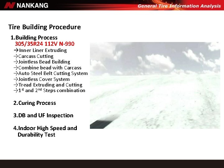 Tire Building Procedure 1. Building Process 305/35 R 24 112 V N-990 →Inner Liner Tire Building Procedure 1. Building Process 305/35 R 24 112 V N-990 →Inner Liner