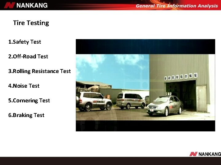 Tire Testing 1. Safety Test 2. Off-Road Test 3. Rolling Resistance Test 4. Noise Tire Testing 1. Safety Test 2. Off-Road Test 3. Rolling Resistance Test 4. Noise