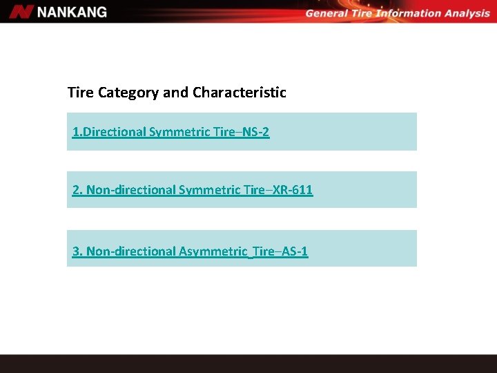 Tire Category and Characteristic 1. Directional Symmetric Tire─NS-2 2. Non-directional Symmetric Tire─XR-611 3. Non-directional Tire Category and Characteristic 1. Directional Symmetric Tire─NS-2 2. Non-directional Symmetric Tire─XR-611 3. Non-directional