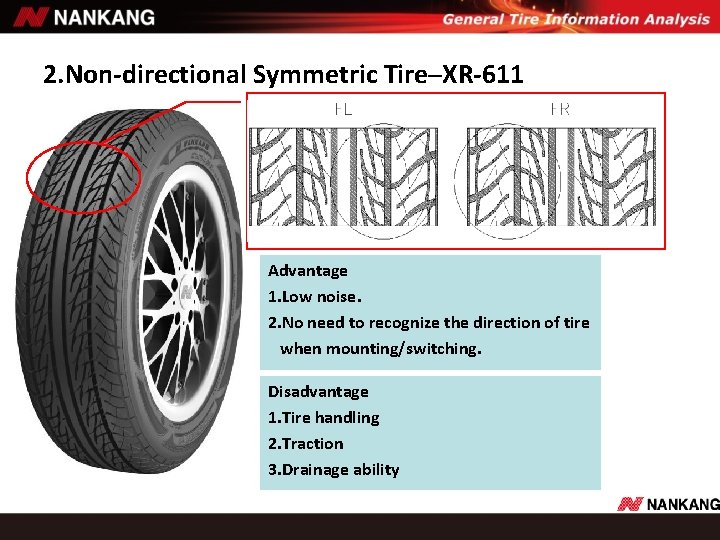2. Non-directional Symmetric Tire─XR-611 Advantage 1. Low noise. 2. No need to recognize the 2. Non-directional Symmetric Tire─XR-611 Advantage 1. Low noise. 2. No need to recognize the