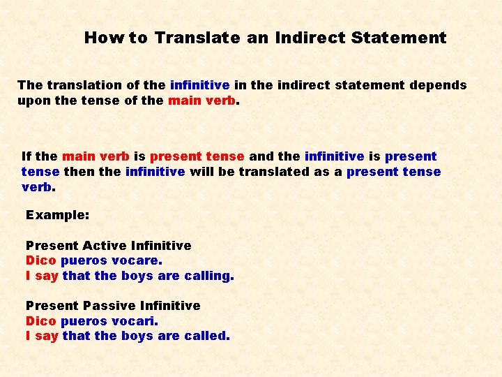 How to Translate an Indirect Statement The translation of the infinitive in the indirect