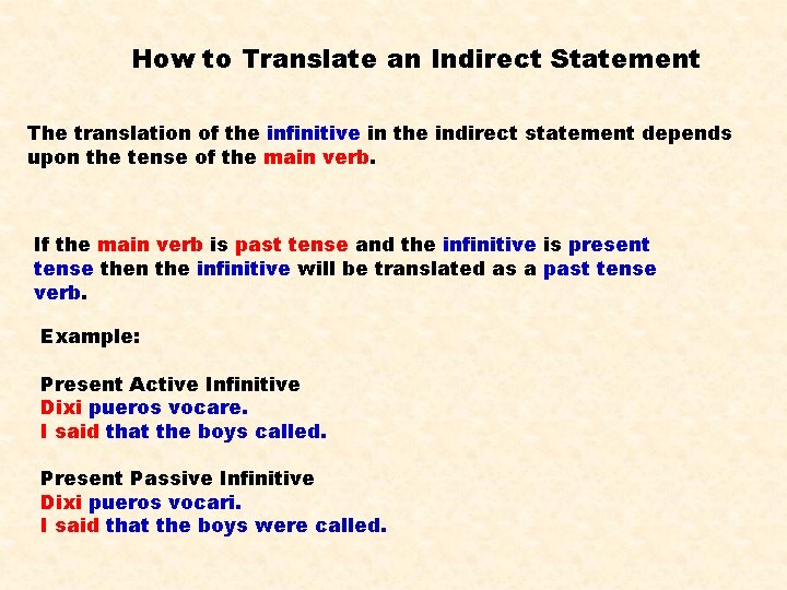 How to Translate an Indirect Statement The translation of the infinitive in the indirect