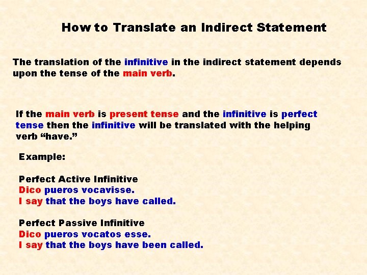 How to Translate an Indirect Statement The translation of the infinitive in the indirect