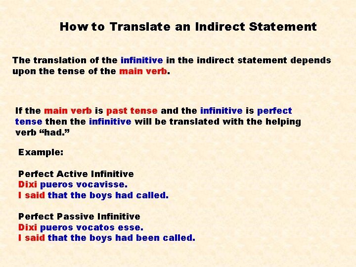 How to Translate an Indirect Statement The translation of the infinitive in the indirect