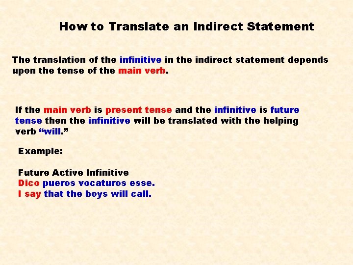 How to Translate an Indirect Statement The translation of the infinitive in the indirect