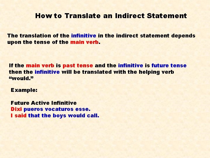 How to Translate an Indirect Statement The translation of the infinitive in the indirect