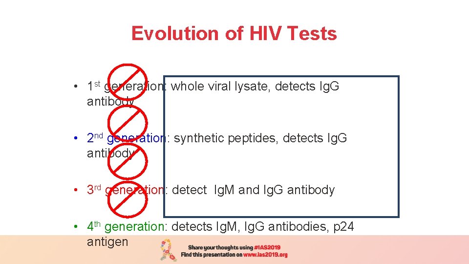 Evolution of HIV Tests • 1 st generation: whole viral lysate, detects Ig. G