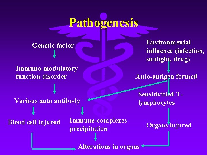 Pathogenesis Environmental influence (infection, sunlight, drug) Genetic factor Immuno-modulatory function disorder Various auto antibody