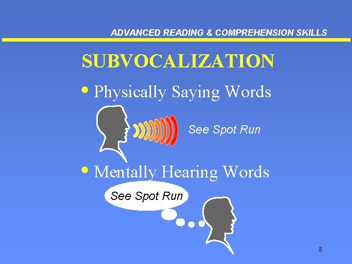 ADVANCED READING & COMPREHENSION SKILLS SUBVOCALIZATION • Physically Saying Words See Spot Run •