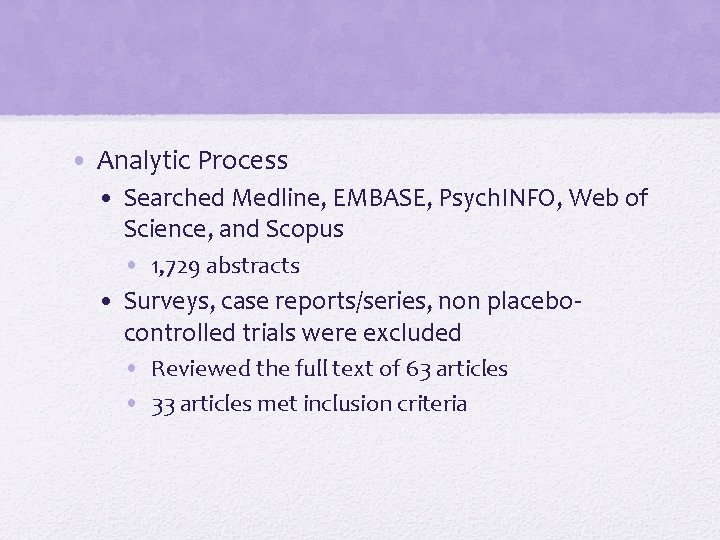  • Analytic Process • Searched Medline, EMBASE, Psych. INFO, Web of Science, and