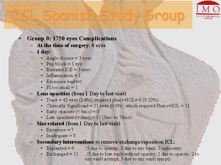 ICL Spanish Study Group • Group 0: 1750 eyes Complications – At the time