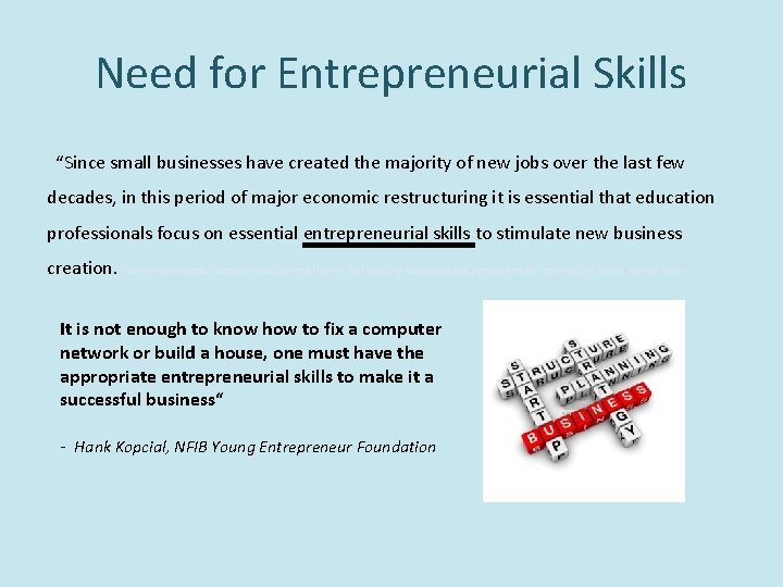 Need for Entrepreneurial Skills “Since small businesses have created the majority of new jobs