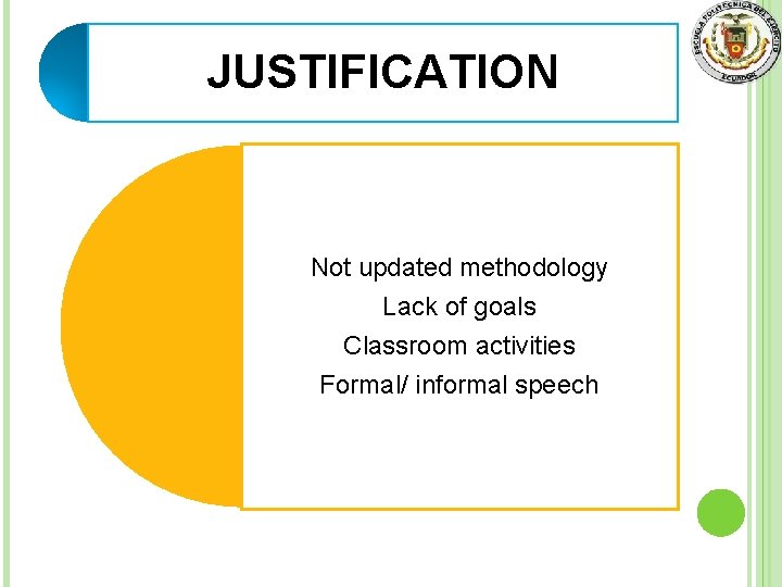 JUSTIFICATION Not updated methodology Lack of goals Classroom activities Formal/ informal speech 