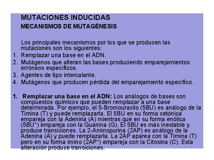 MUTACIONES INDUCIDAS MECANISMOS DE MUTAGÉNESIS Los principales mecanismos por los que se producen las