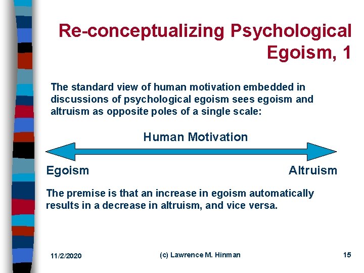 Re-conceptualizing Psychological Egoism, 1 The standard view of human motivation embedded in discussions of