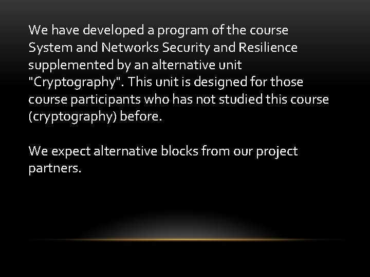 We have developed a program of the course System and Networks Security and Resilience