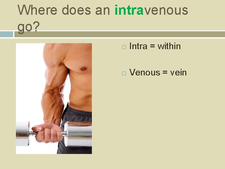 Where does an intravenous go? Intra = within Venous = vein 