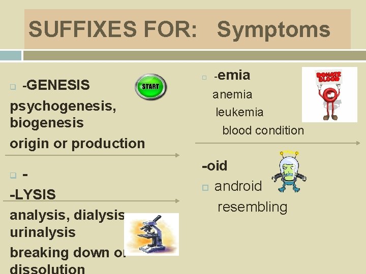 SUFFIXES FOR: Symptoms q -GENESIS psychogenesis, biogenesis origin or production -LYSIS analysis, dialysis, urinalysis