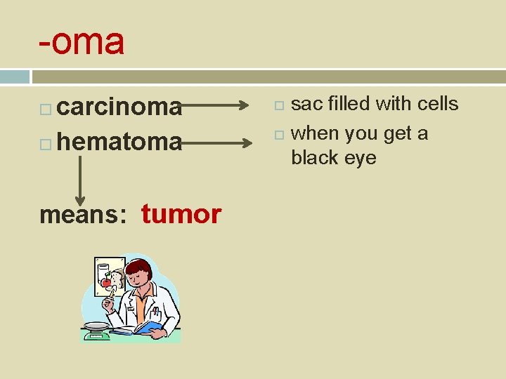 -oma carcinoma hematoma means: tumor sac filled with cells when you get a black