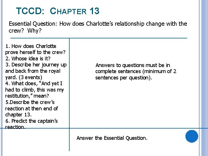 TCCD: CHAPTER 13 Essential Question: How does Charlotte’s relationship change with the crew? Why?