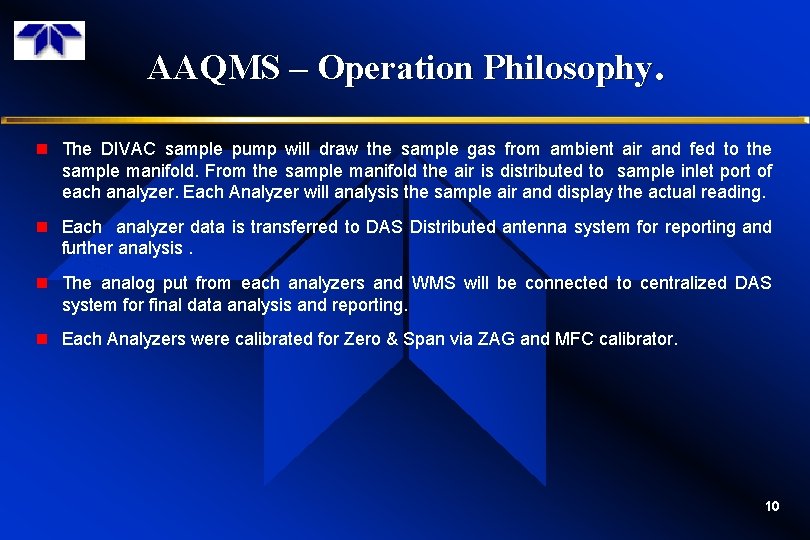 AAQMS – Operation Philosophy. n The DIVAC sample pump will draw the sample gas AAQMS – Operation Philosophy. n The DIVAC sample pump will draw the sample gas